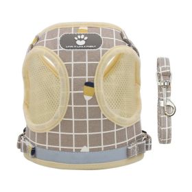 Dog Harnesses and dog leash set; New Pet Towing Rope Vest Dog Chest Strap Breathable Reflective Small Dog Towing Rope Pet Supplies (Specification (L * W): S, Colour: Khaki lattice)