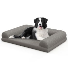 Egg-Foam Dog Crate Bed with 3-Side Bolster and Removable Washable Bed Cover (Color: GRAY)